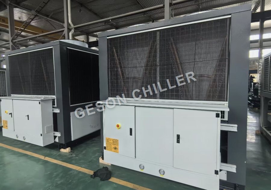 Factory photograph of completed GESON air-cooled chillers during final assembly
