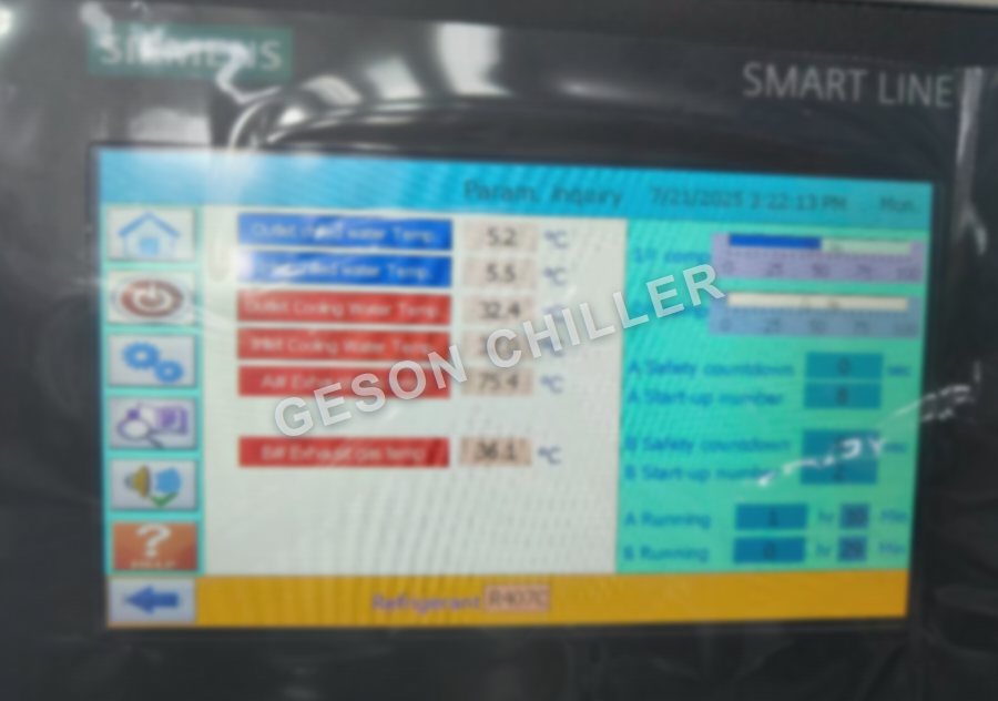 Factory chiller performance-testing controller with operating data lightly obscured