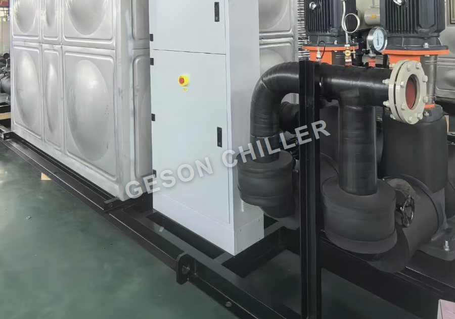 Factory photograph of an integrated process-water tank and pump system