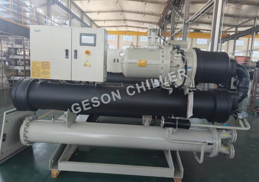 Factory photograph of a completed GESON water-cooled screw chiller