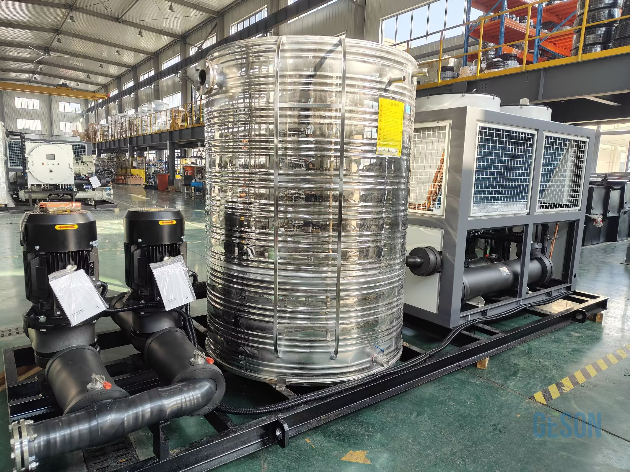 Injection molding chiller skid mounted package side view